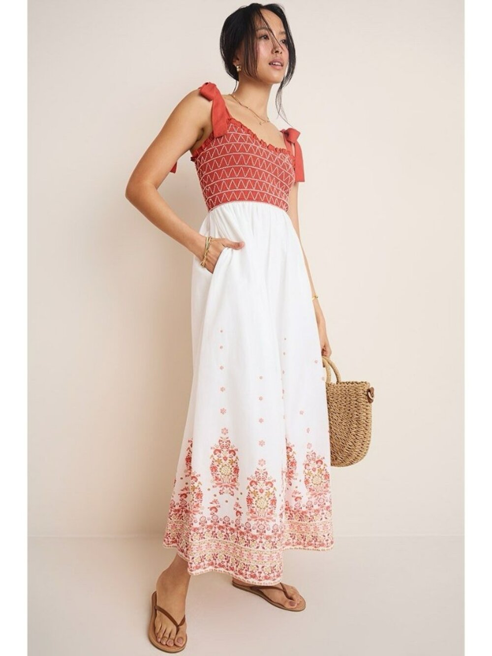 Trixxi Burnt Orange and White Smocked Tiered Midi Dress Small Tie Straps Boho